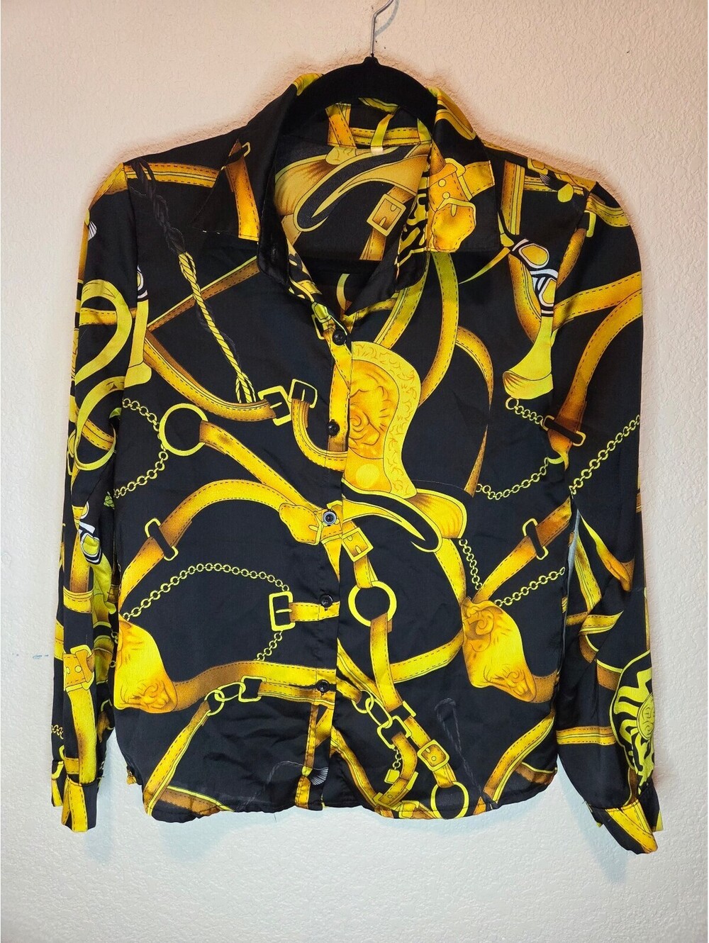 Black and Yellow Patterned Long Sleeve Button-Up Blk